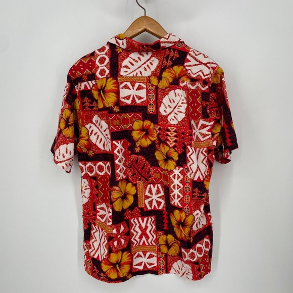 Vintage Diamond Head Hawaiian Shirt / Red Tribal Screen Printed Button Down Camp - Picture 7 of 8